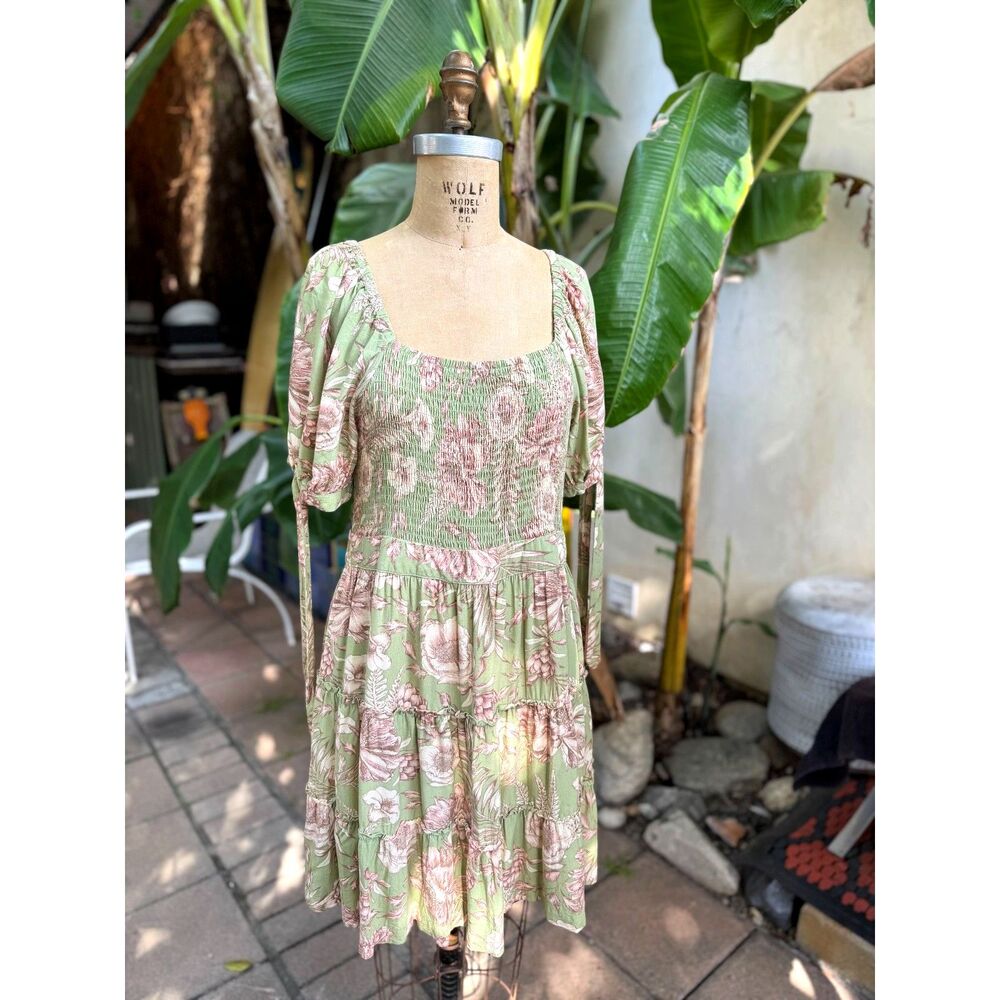 Agua Bendita x Target Romantic Green Square Neck Floral Puff Slv Mini Dress SZ L